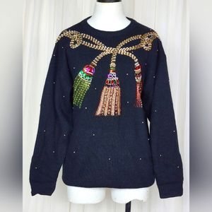 Vintage black knit wool beaded rhinestone Christmas Xmas tunic sweater S/M